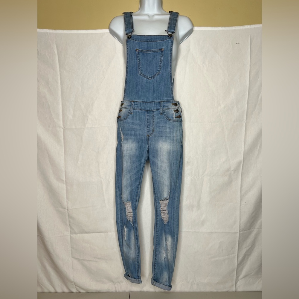 Cello Jeans Womens Distressed Denim Overalls Light Wash Slim Fit Ripped Small